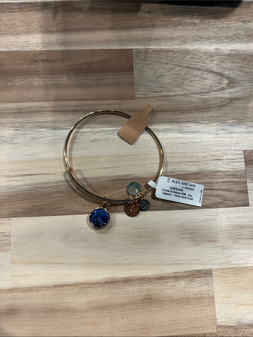 Alex and Ani Gold Bangle with Deep Blue Crystal Charm